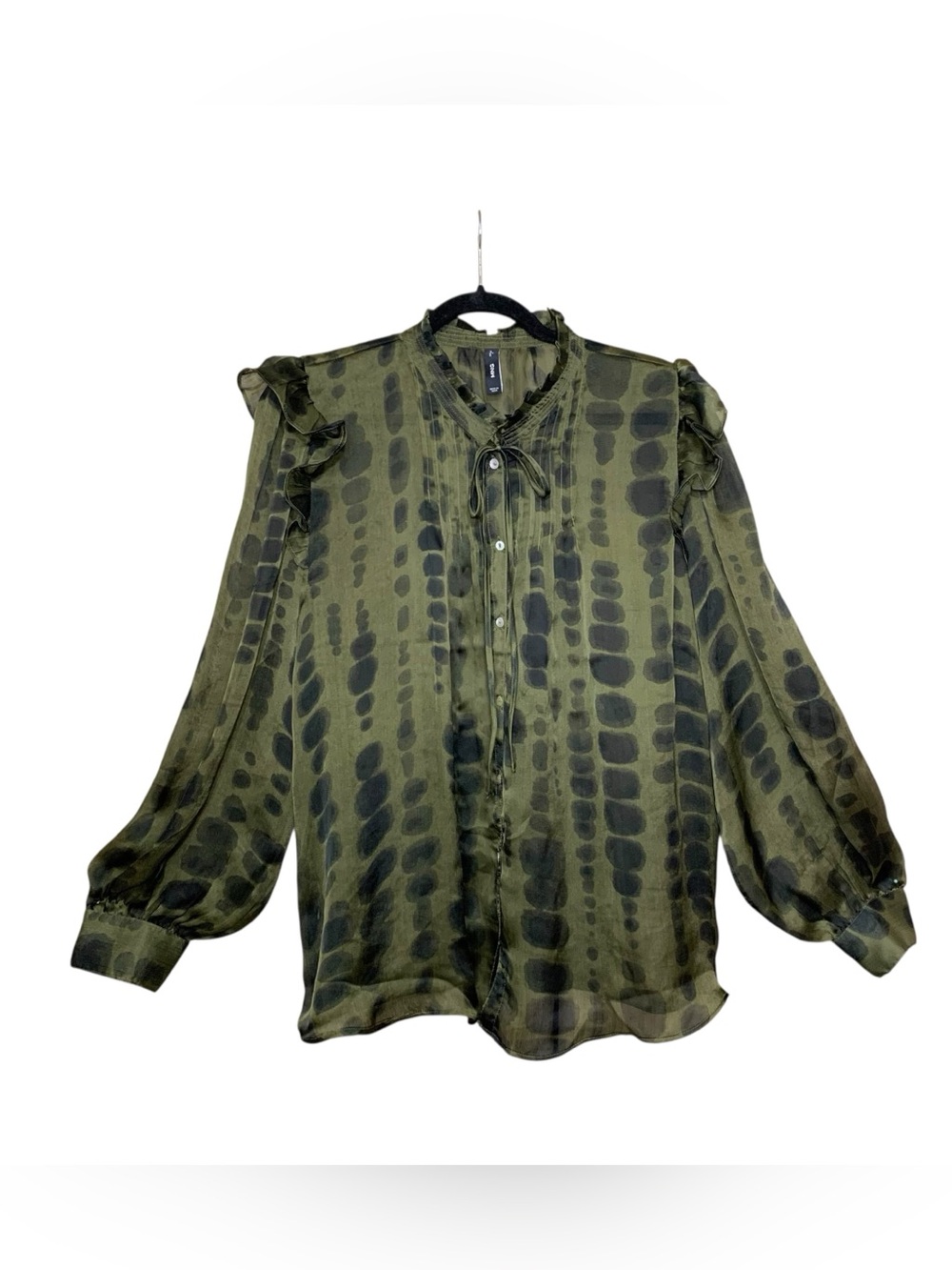 Mango Sheer Chiffon Green Printed Blouse Ruffle Tie-Neck Balloon Sleeve Sz 12